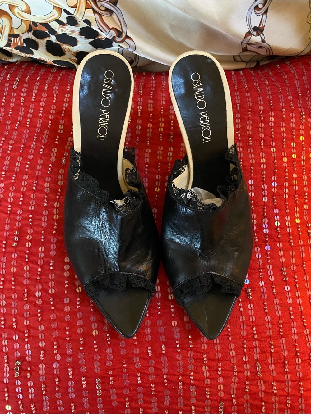 Osvaldo  Pericoli Vintage Sexy Black Leather Lace Slides Made in Italy 🇮🇹